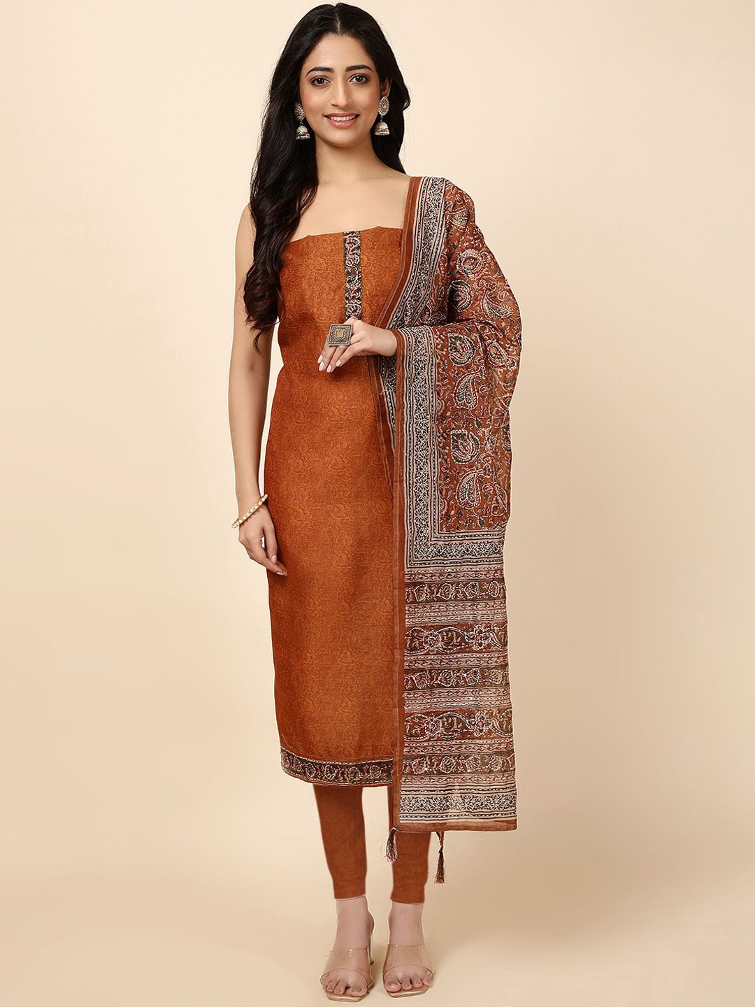 

Meena Bazaar Printed Art Silk Unstitched Dress Material, Brown