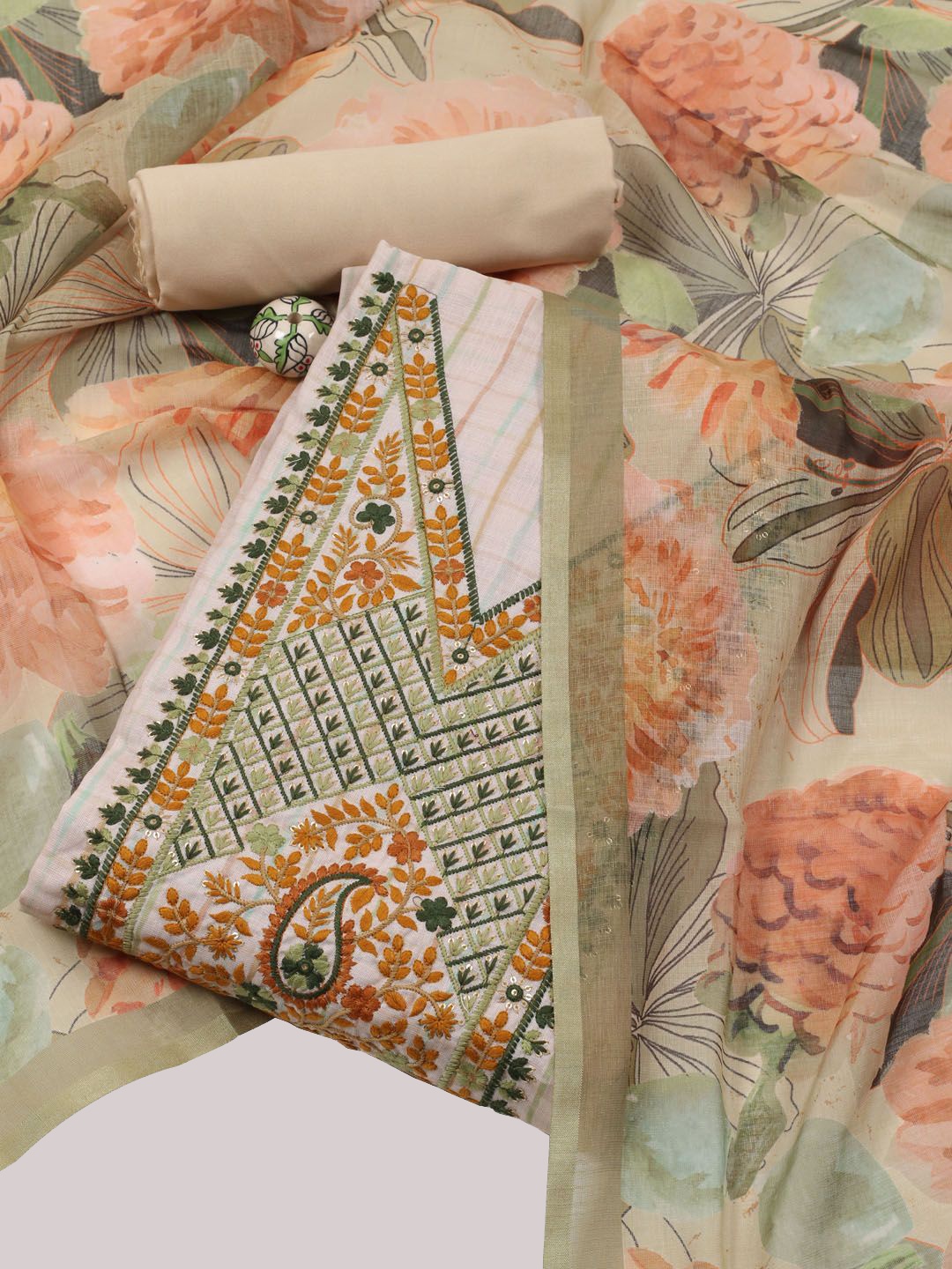 

Meena Bazaar Embroidered Art Silk Unstitched Dress Material, Beige