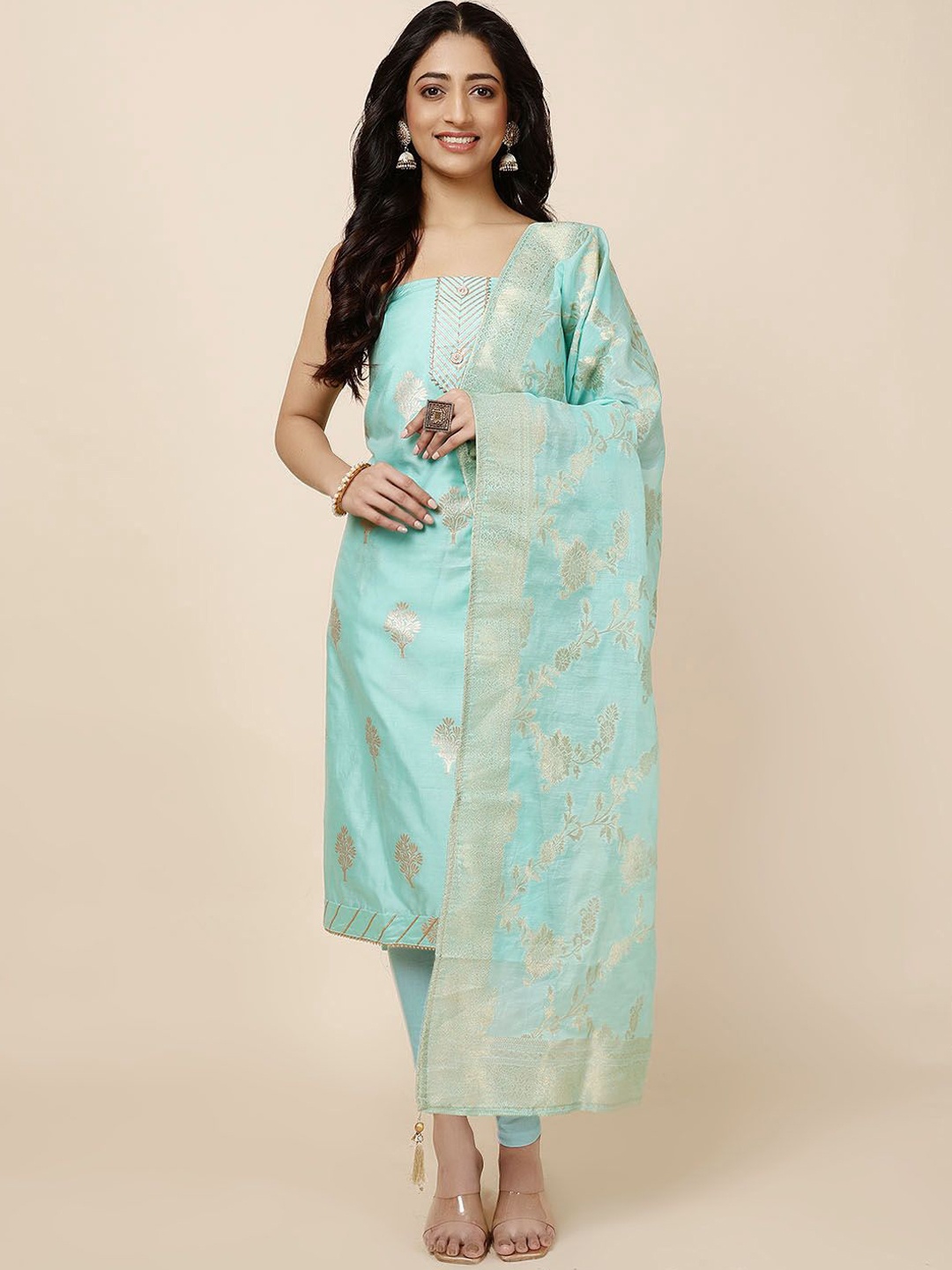 

Meena Bazaar Art Silk Woven Design Unstitched Dress Material, Blue