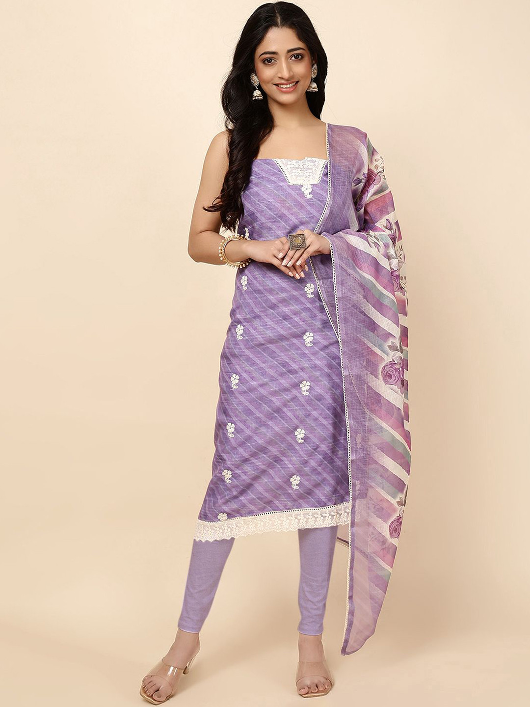 

Meena Bazaar Printed Linen Unstitched Dress Material, Lavender