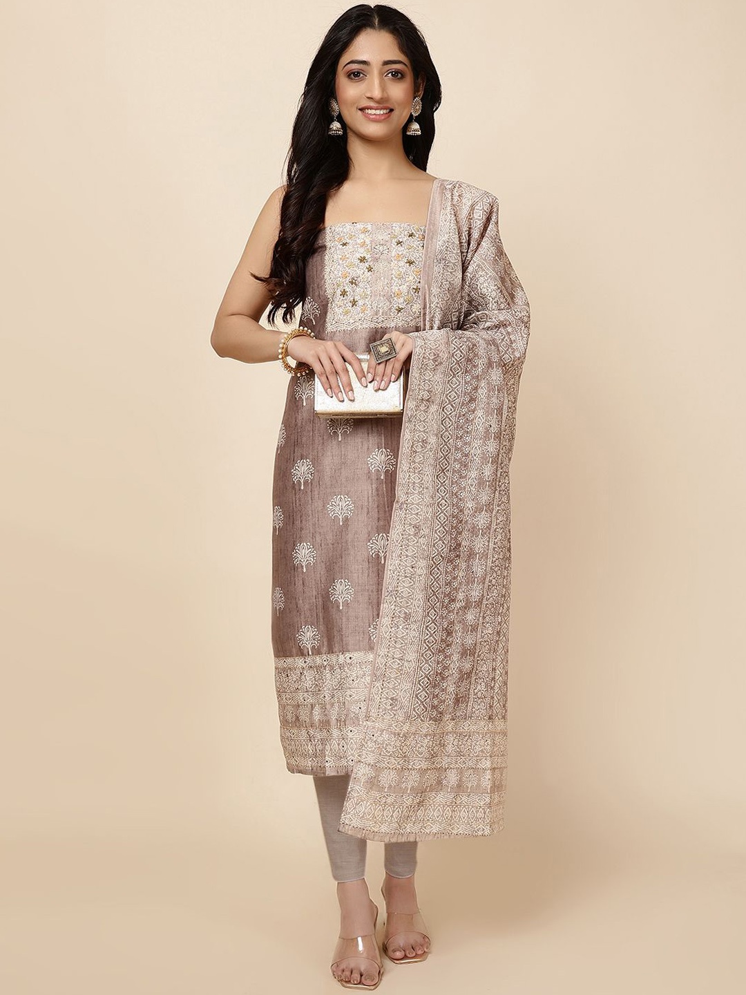

Meena Bazaar Printed Art Silk Unstitched Dress Material, Grey