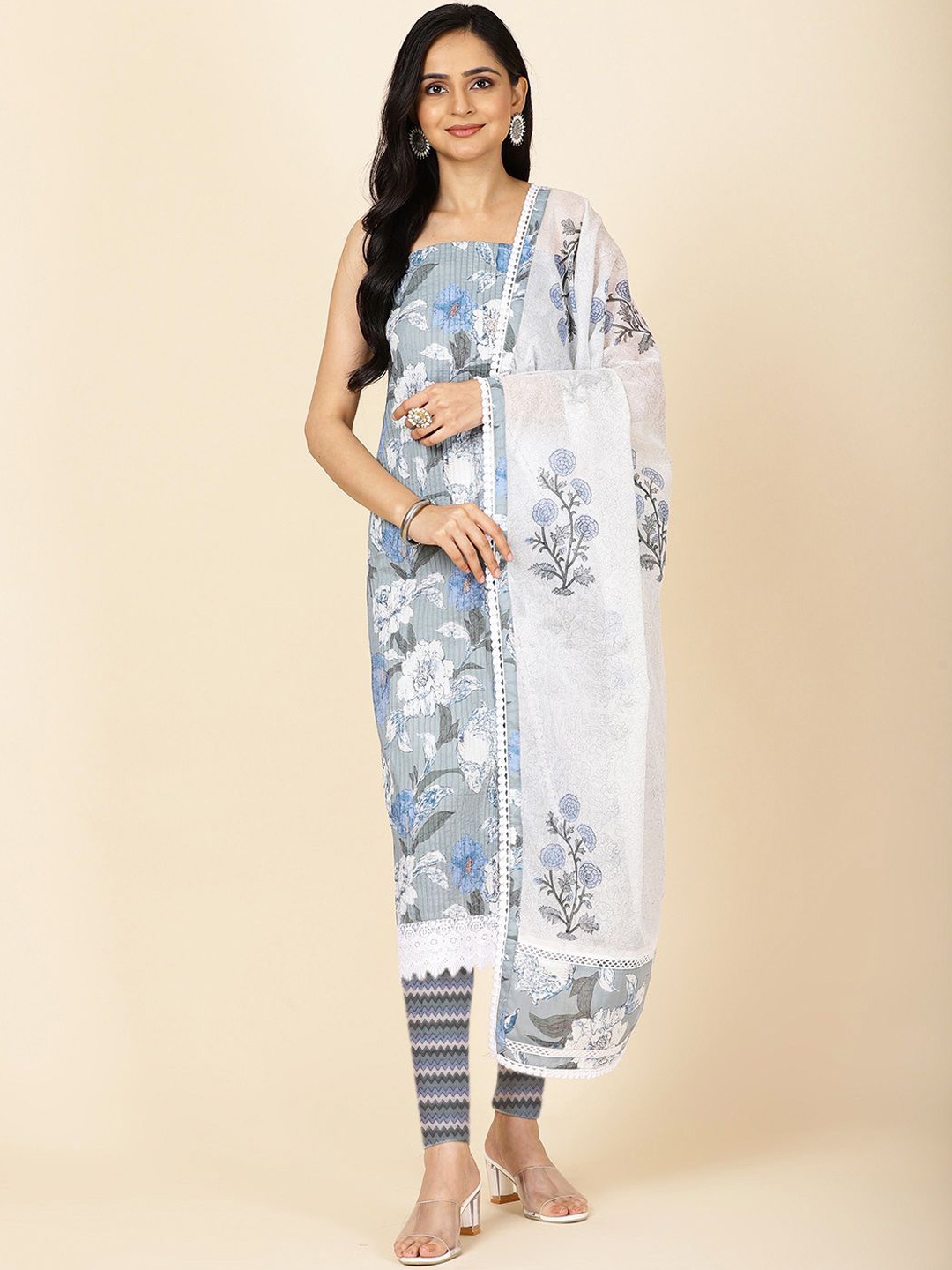 

Meena Bazaar Floral Printed Unstitched Dress Material, Grey