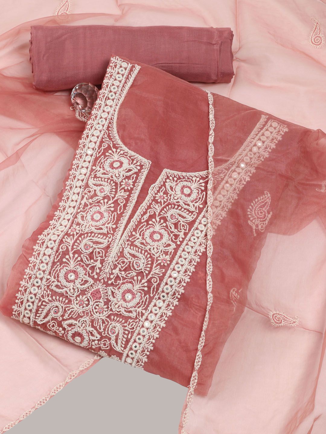 

Meena Bazaar Embroidered Organza Unstitched Dress Material, Coral