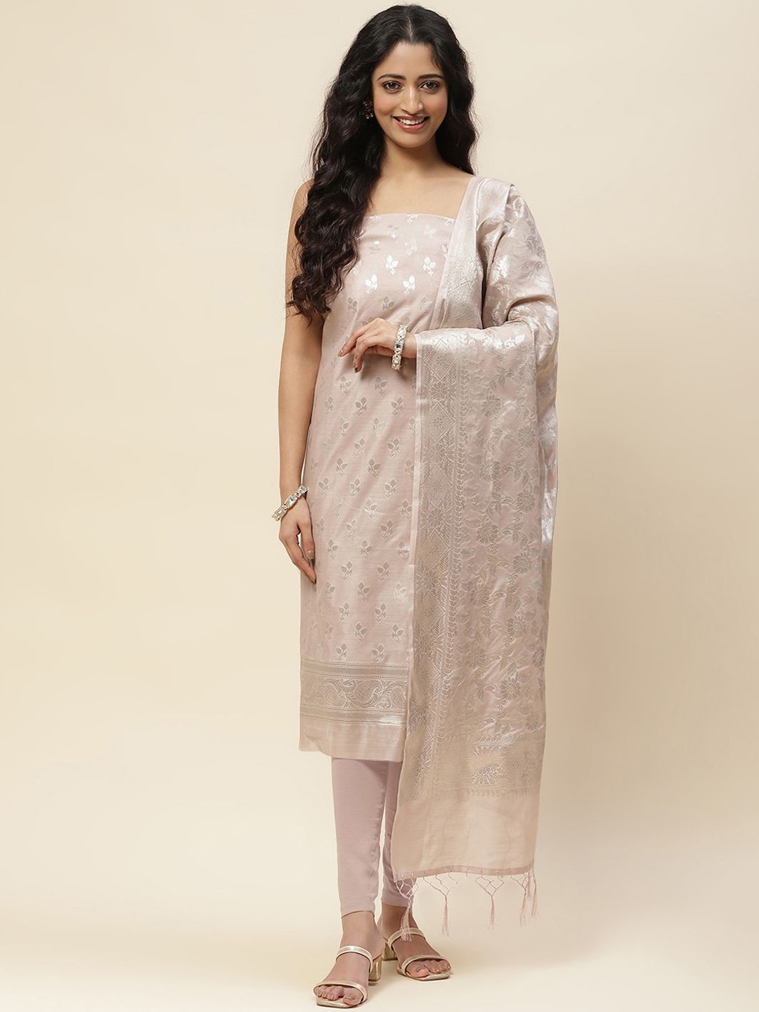 

Meena Bazaar Art Silk Woven Design Unstitched Dress Material, Cream