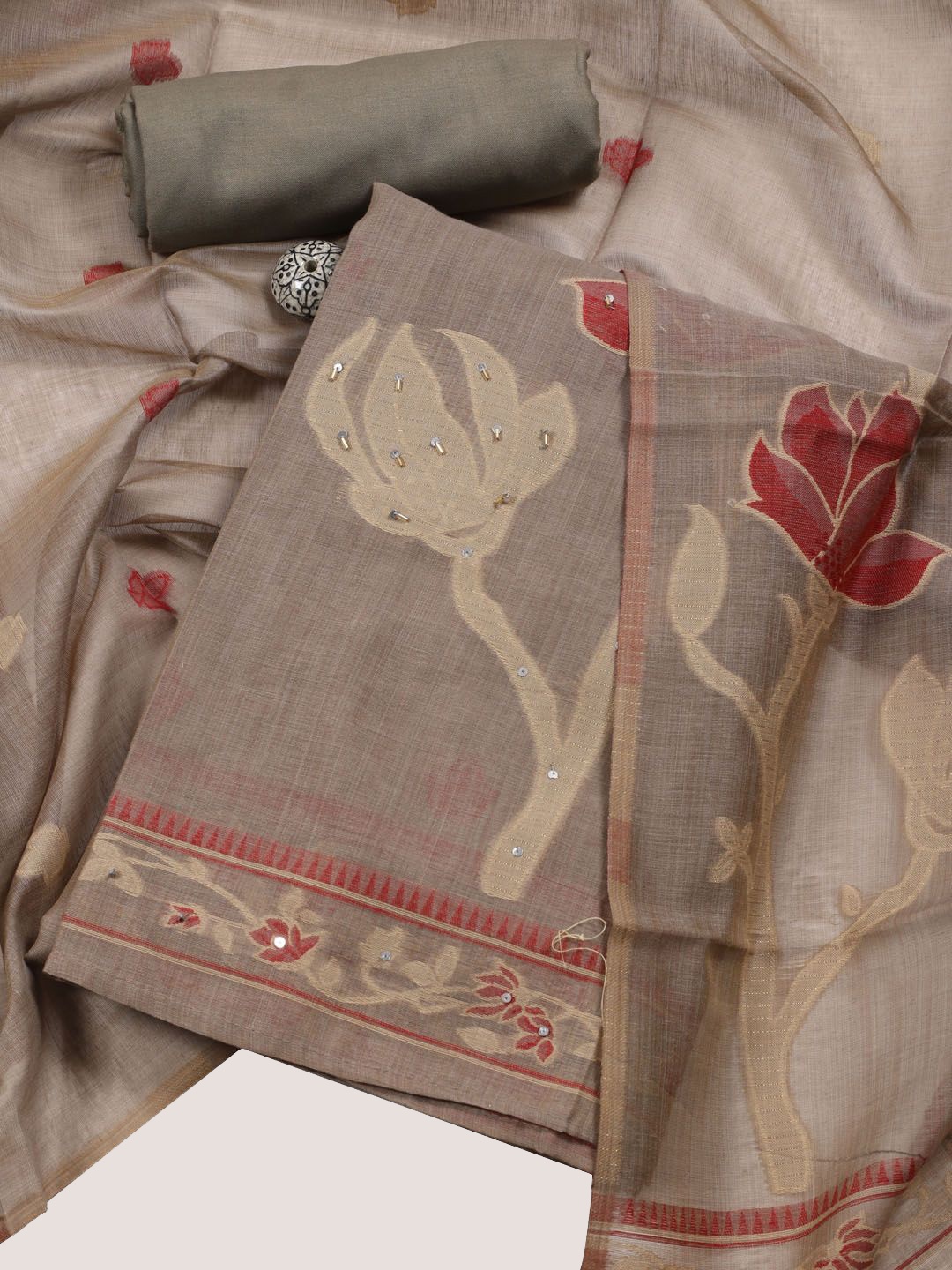 

Meena Bazaar Floral Printed Art Silk Unstitched Dress Material, Grey
