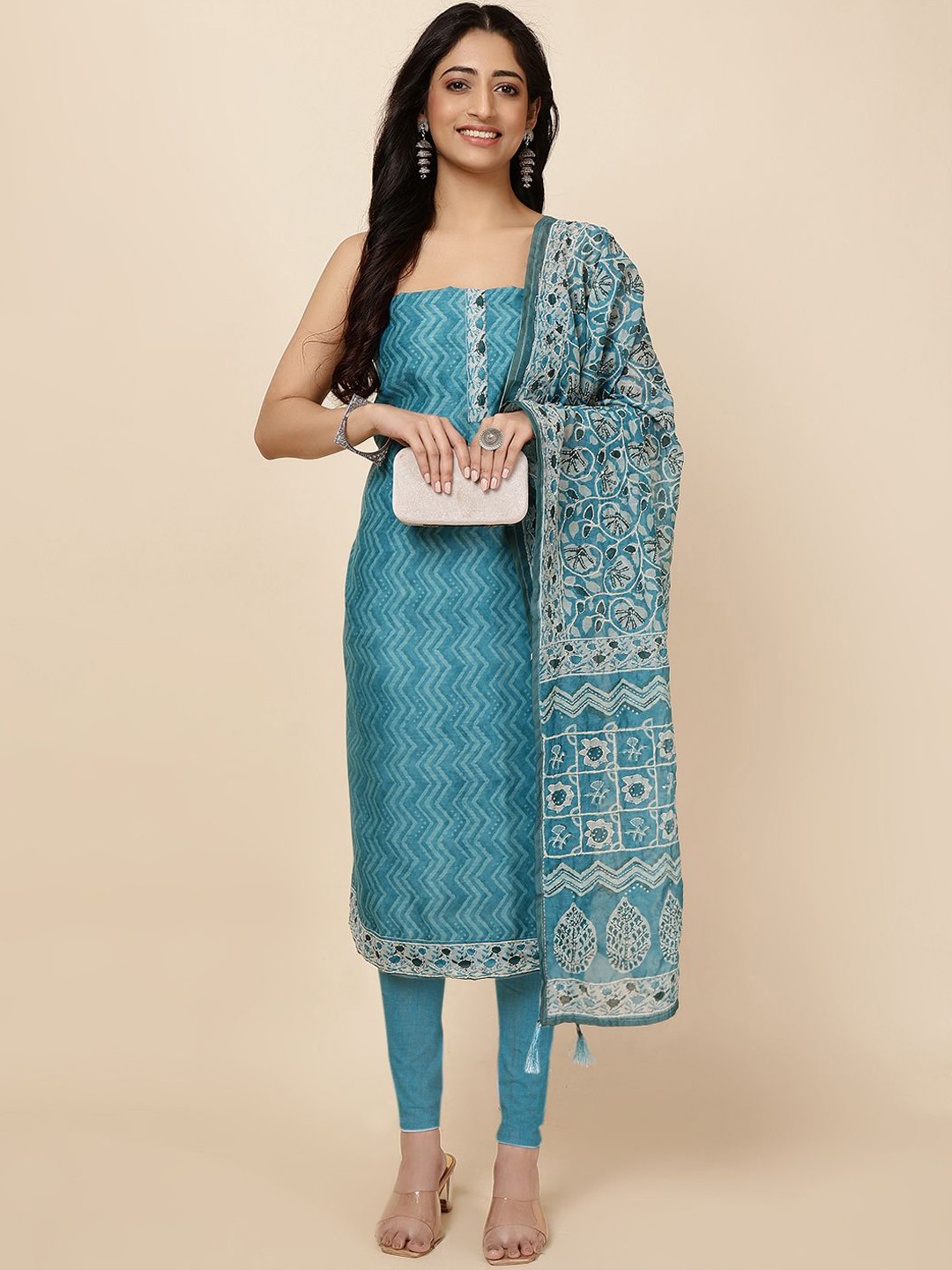 

Meena Bazaar Printed Art Silk Unstitched Dress Material, Blue