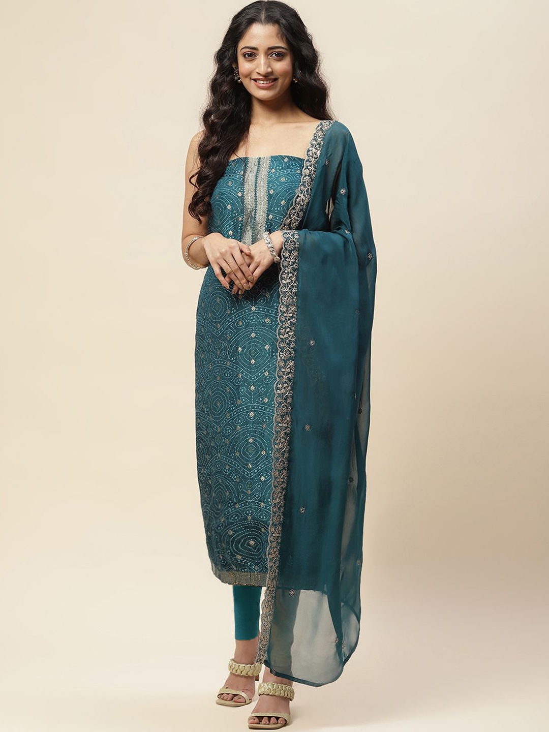 

Meena Bazaar Printed Art Silk Unstitched Dress Material, Teal