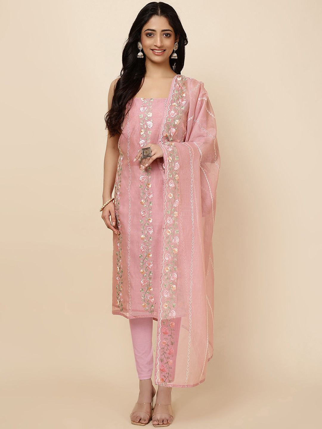 

Meena Bazaar Ethnic Motifs Embroidered Unstitched Dress Material, Pink