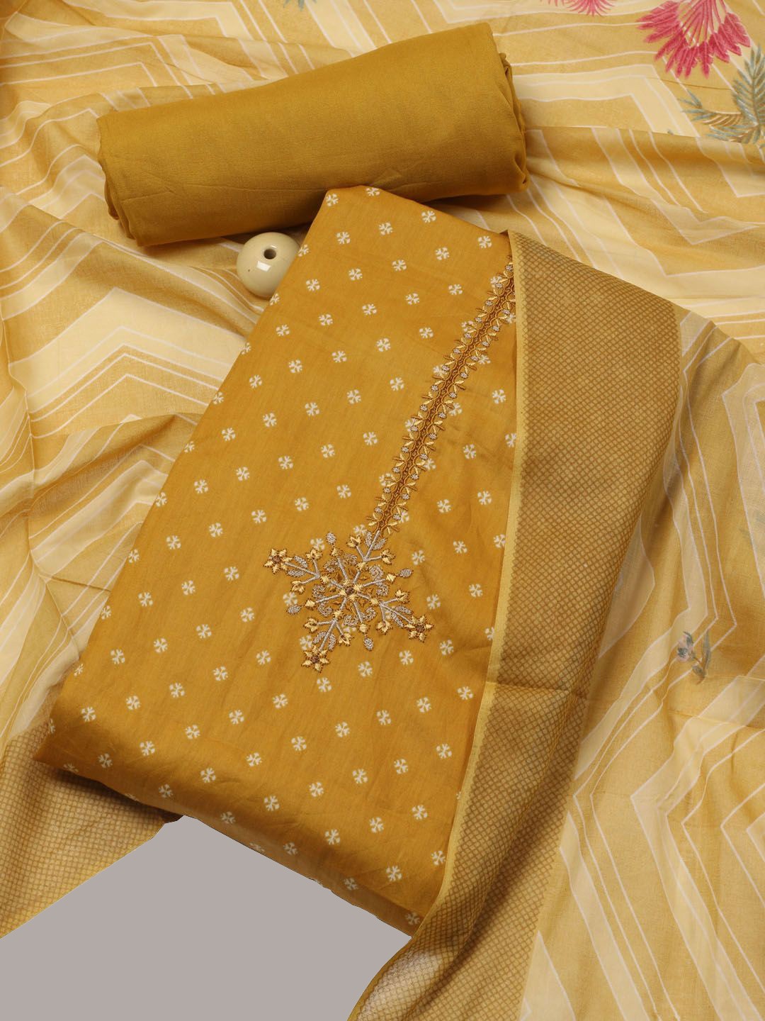 

Meena Bazaar Floral Printed Unstitched Dress Material, Mustard