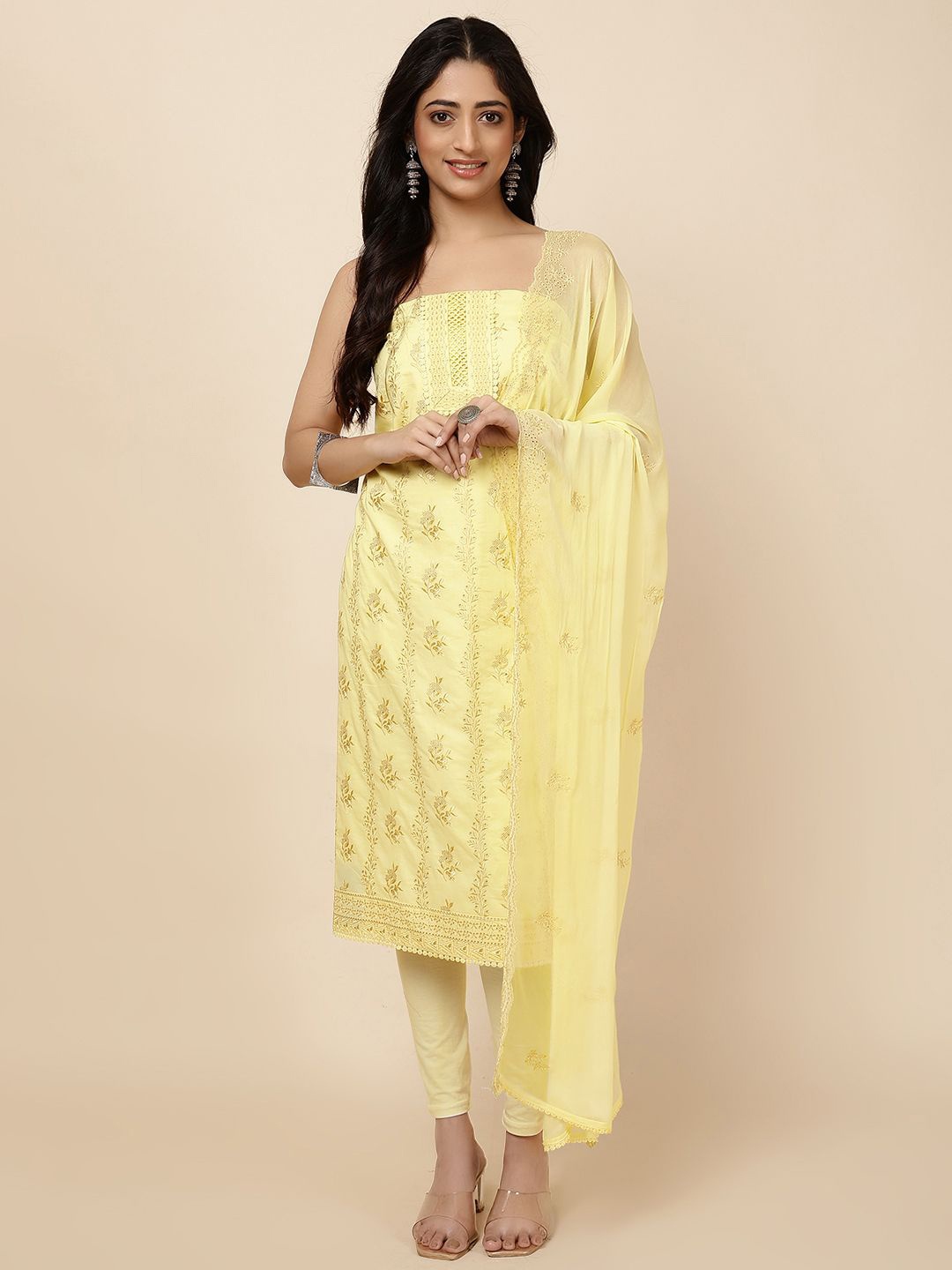 

Meena Bazaar Floral Embroidered Zari Unstitched Dress Material, Yellow