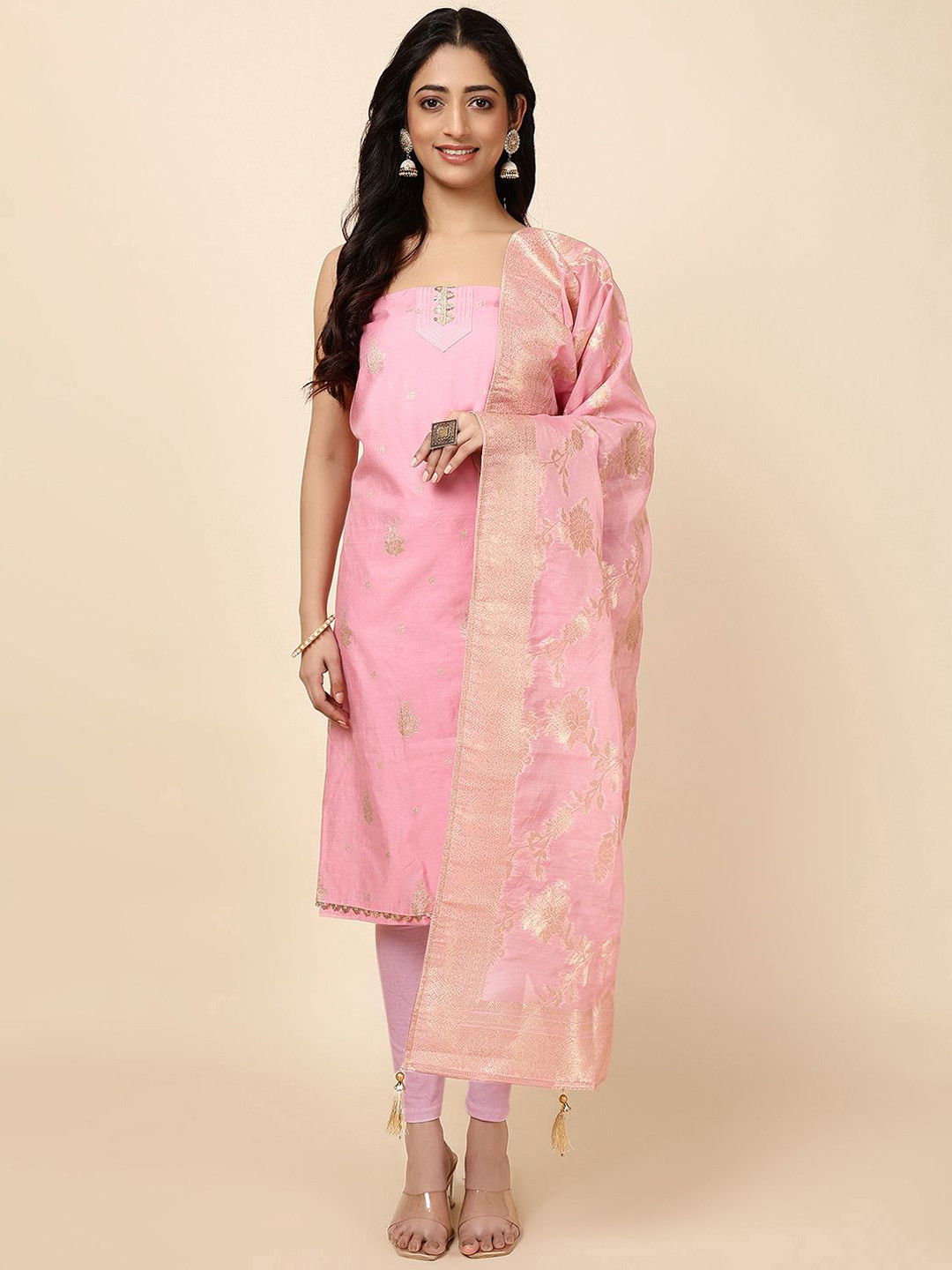 

Meena Bazaar Ethnic motifs woven design Zari Unstitched Dress Material, Pink