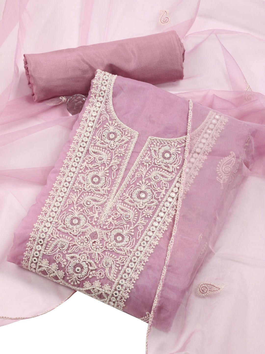 

Meena Bazaar Ethnic Motifs Embroidered Mirror Work Organza Unstitched Dress Material, Pink