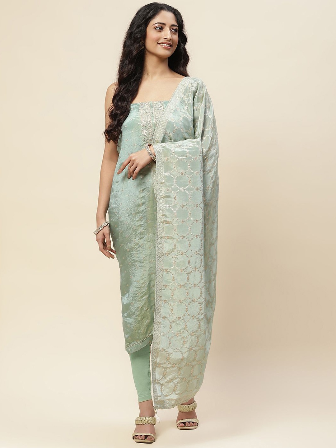 

Meena Bazaar Art Silk Unstitched Dress Material, Sea green