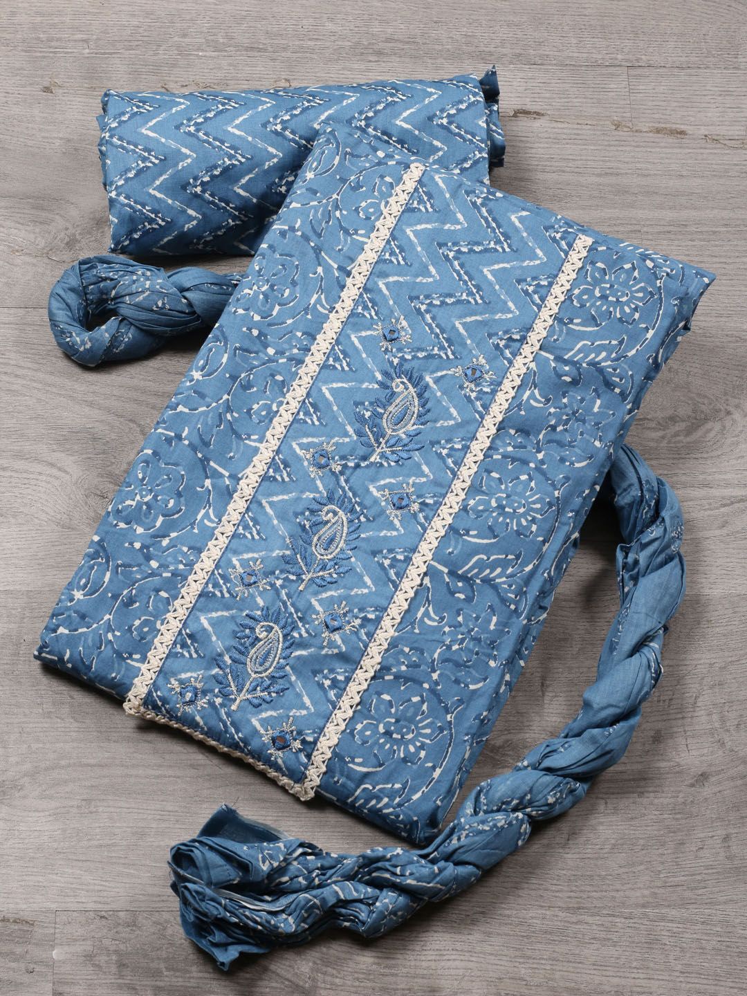 

Meena Bazaar Paisley Printed Mirror Work Unstitched Dress Material, Blue