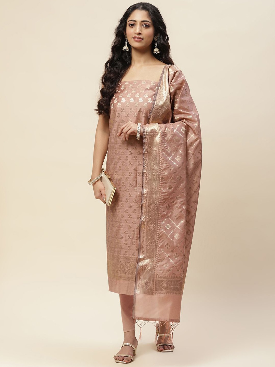 

Meena Bazaar Floral Zari woven design Unstitched Dress Material, Brown