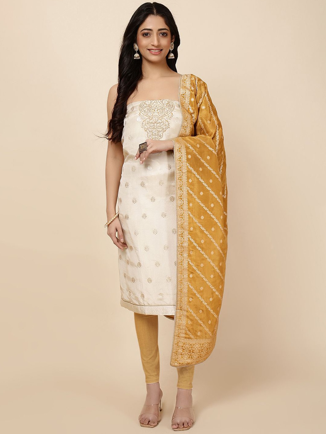 

Meena Bazaar Ethnic motifs Zari Woven design Unstitched Dress Material, Cream