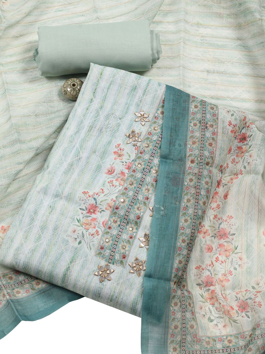 

Meena Bazaar Printed Linen Unstitched Dress Material, Green