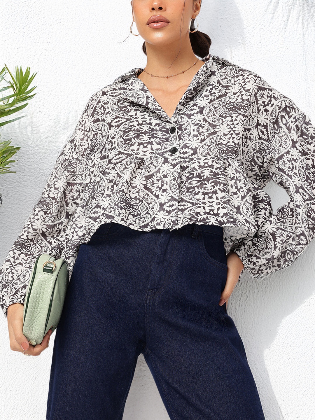

DressBerry Monochrome Mania Ethnic Printed Puff Sleeves Shirt-Style Top, Black