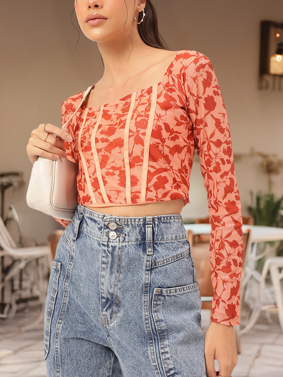 

DressBerry Abstract Art Corset Style Crop Top, Peach