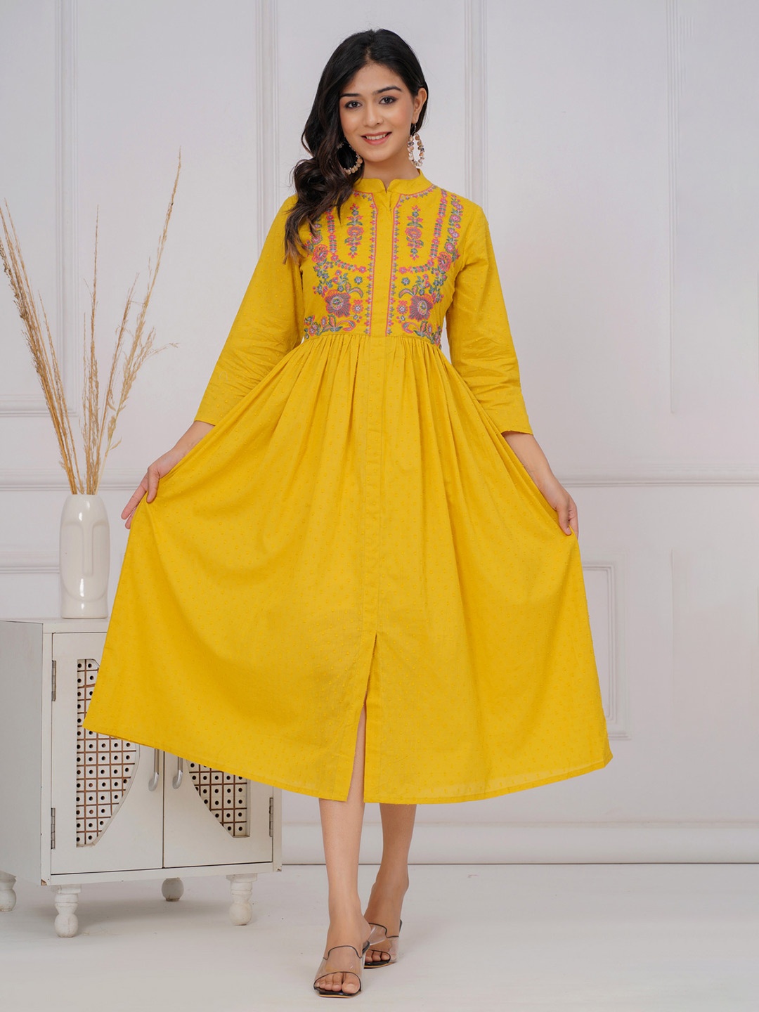 

SARAI CREATIONS Cotton Dobby Thread Embroidered A Line Midi Ethnic Dresses, Yellow
