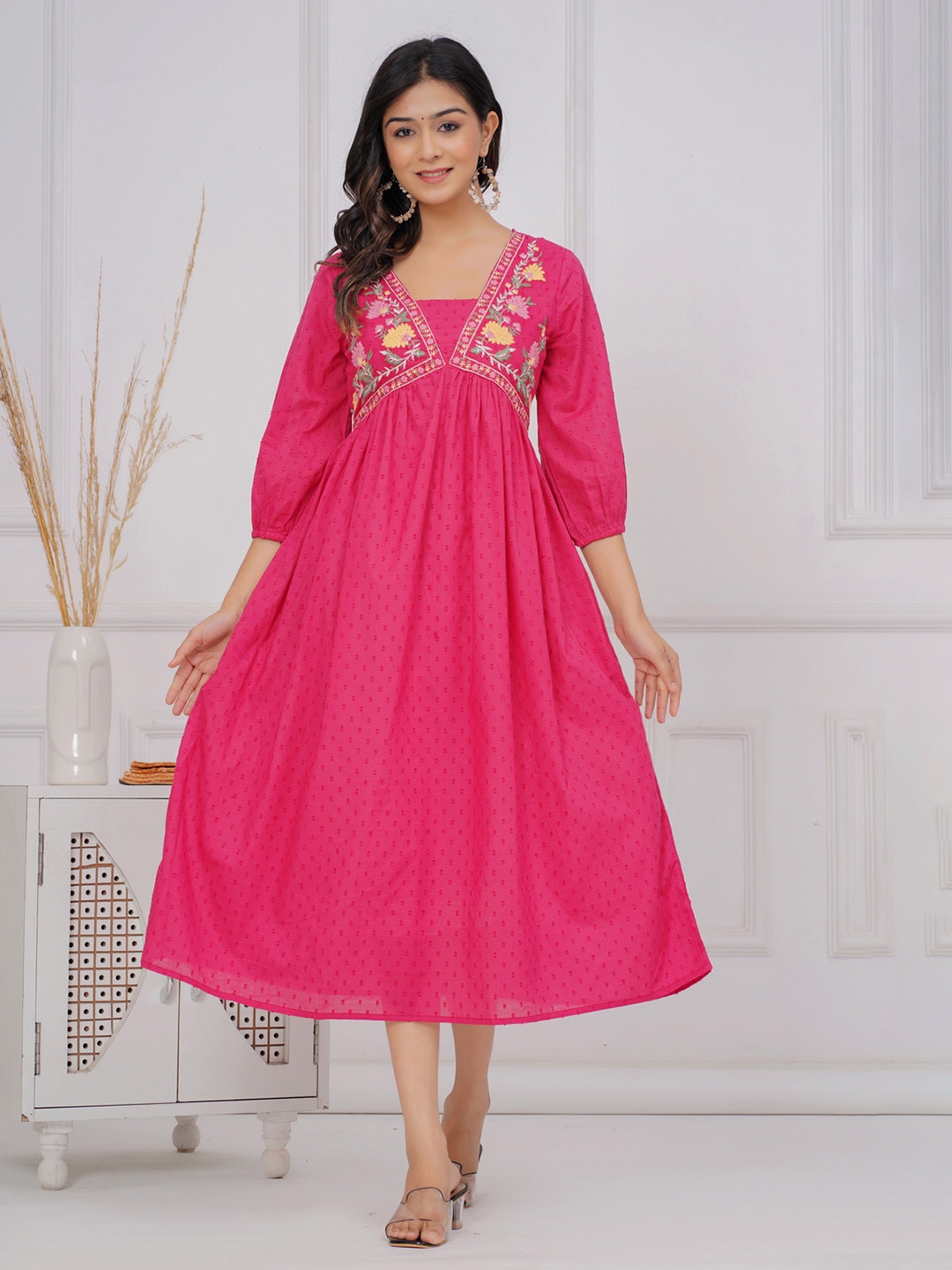 

SARAI CREATIONS Floral Embroidered Puff Sleeves A-Line Midi Dress, Pink