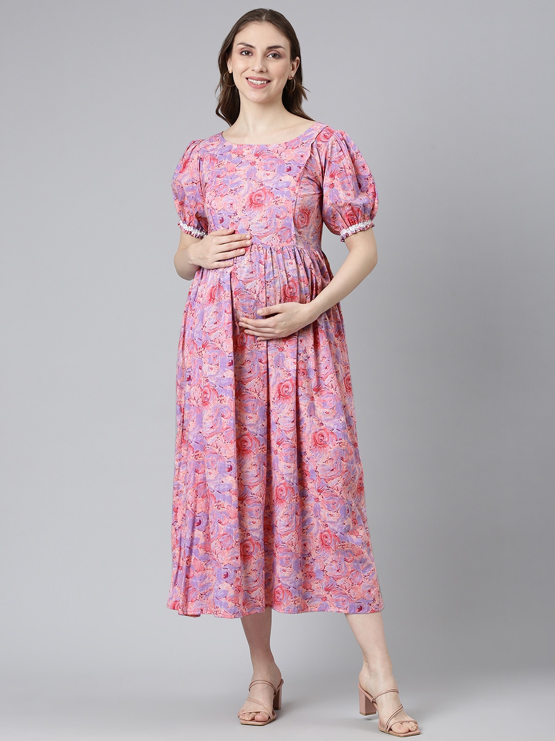 

Swishchick Floral Print Puff Sleeves Maternity Fit & Flare Midi Dress, Pink