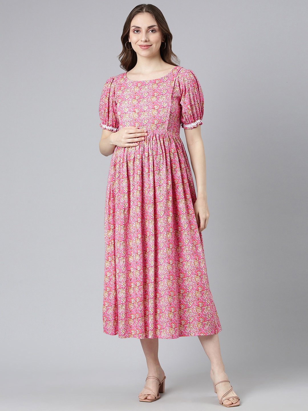 

Swishchick Ethnic Motifs Print Puff Sleeves Maternity Fit & Flare Midi Dress, Pink