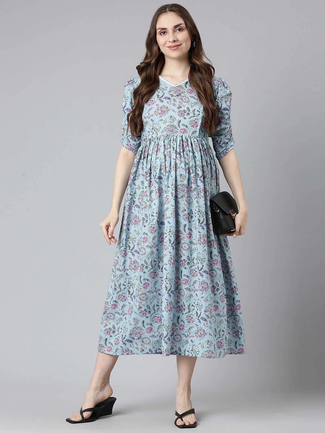

Swishchick Floral Print Puff Sleeves Maternity Fit & Flare Midi Dress, Blue