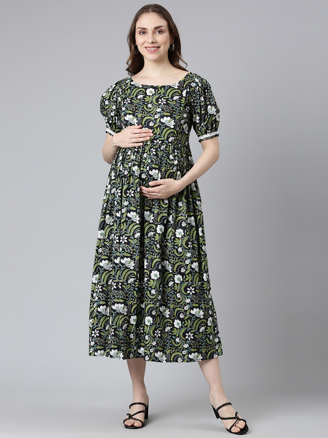 

Swishchick Floral Print Puff Sleeves Maternity Fit & Flare Midi Dress, Navy blue