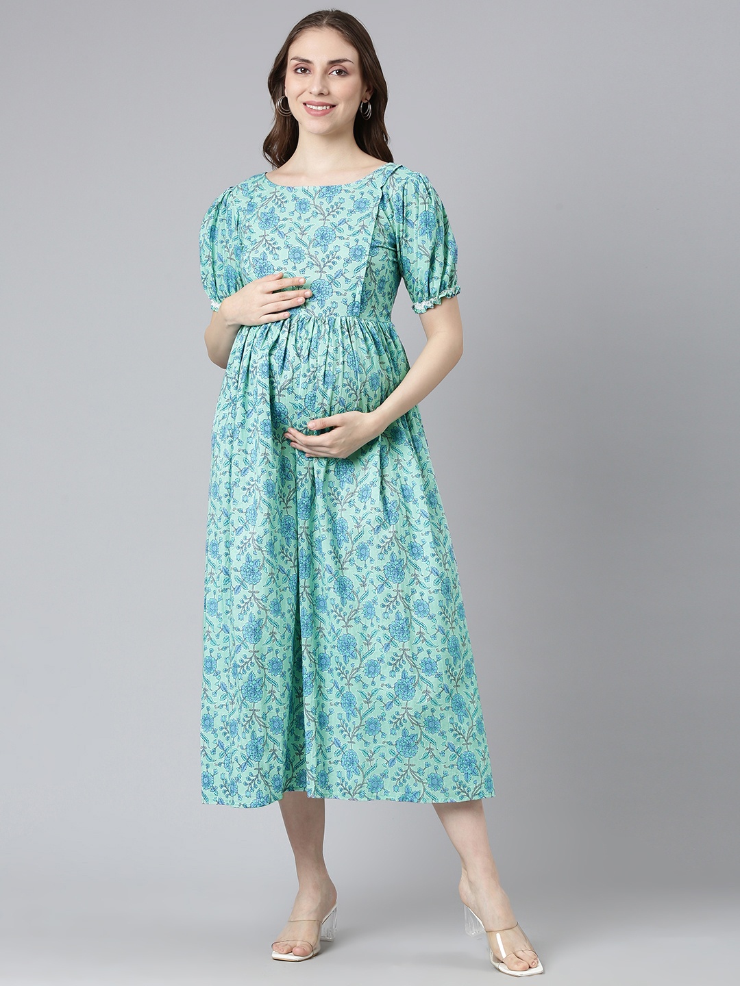 

Swishchick Floral Print Puff Sleeves Maternity Fit & Flare Midi Dress, Sea green