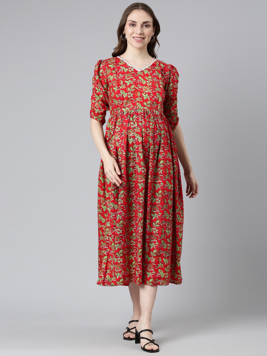 

Swishchick Floral Print Puff Sleeves Maternity Fit & Flare Midi Dress, Red