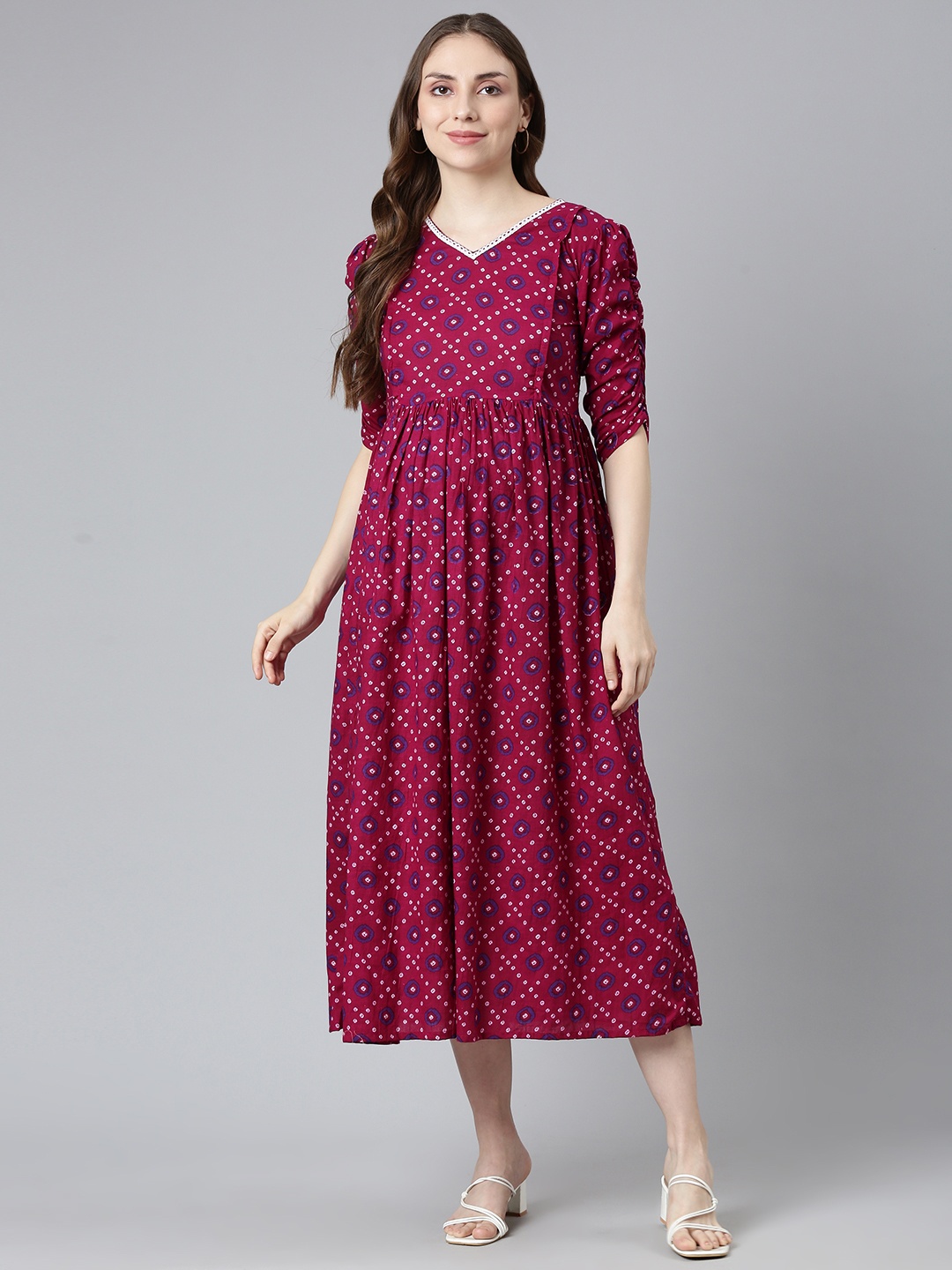 

Swishchick Floral Print Puff Sleeves Maternity Fit & Flare Midi Dress, Magenta