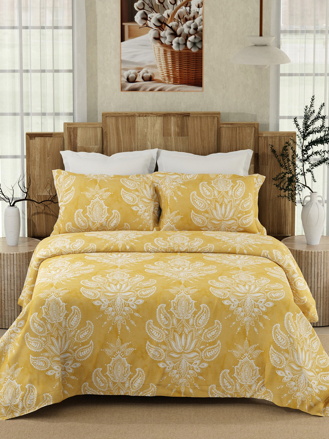 

Layers Yellow & White Floral Pure Cotton 200 TC King Bedsheet with 2 Pillow Covers
