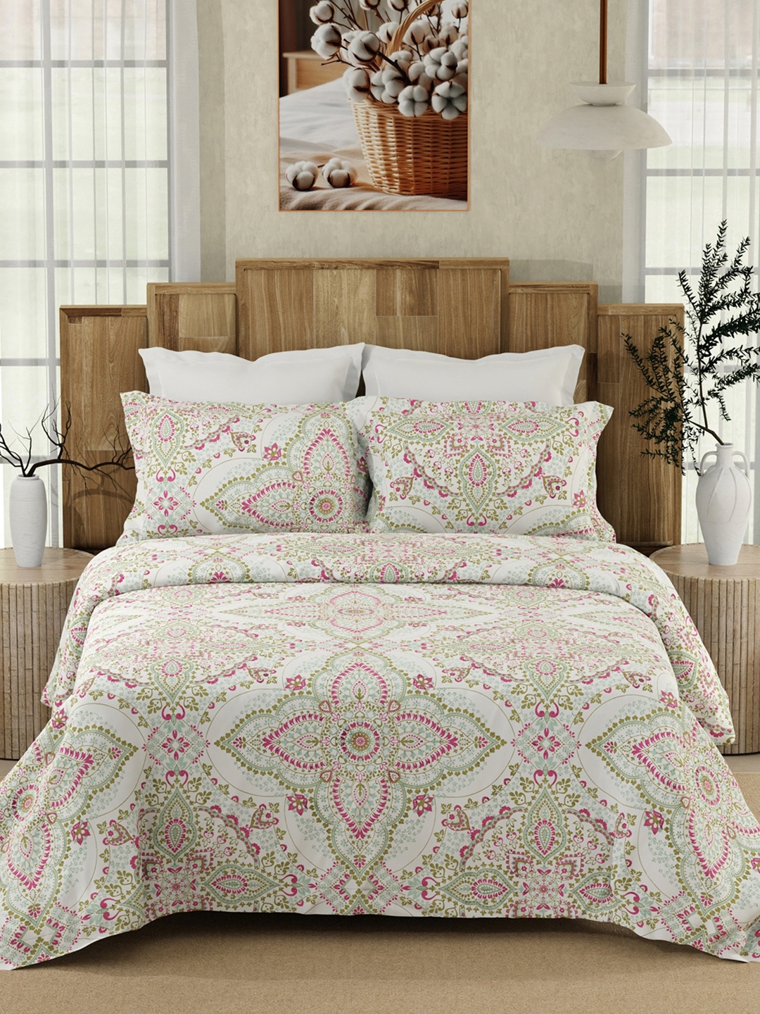 

Color Sense White & Purple Ethnic Motifs Pure Cotton 200 TC Queen Bedsheet with 2 Pillow Covers