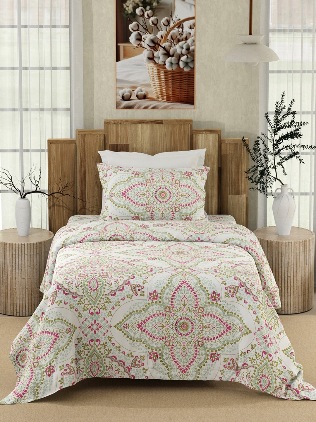 

Color Sense White Ethnic Motifs Pure Cotton 200 TC Single Bedsheet with 1 Pillow Covers, Blue
