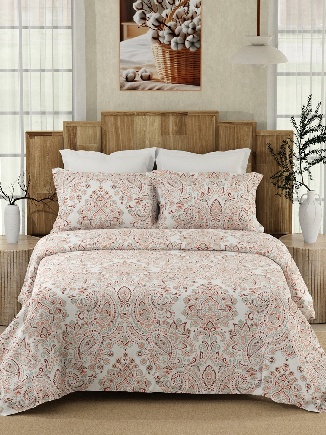 

Color Sense Maroon & White Ethnic Motifs Pure Cotton 200 TC Queen Bedsheet with 2 Pillow Covers