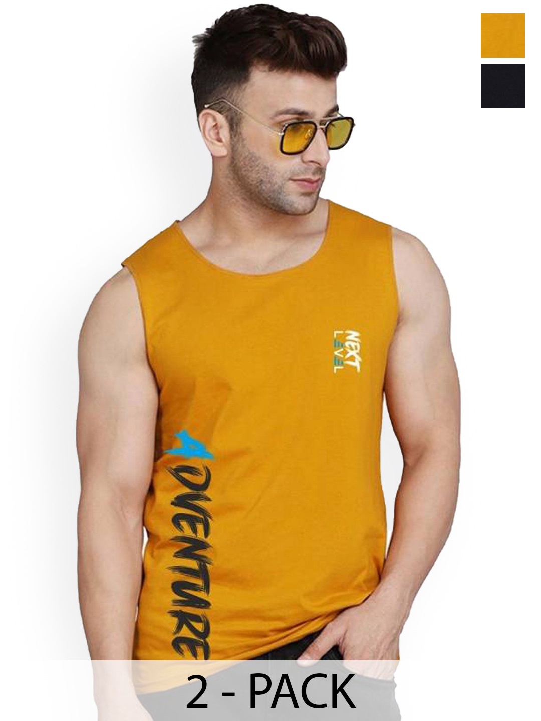 

SLOWLORIS Pack Of 2 Printed Gym Innerwear Vests, Black
