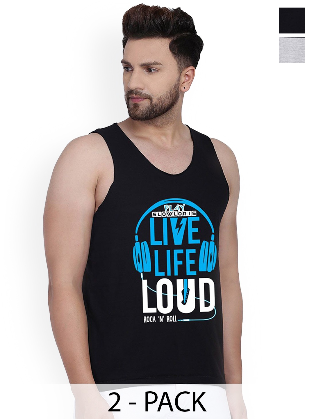 

SLOWLORIS Pack Of 2 Printed Gym Innerwear Vests, Black