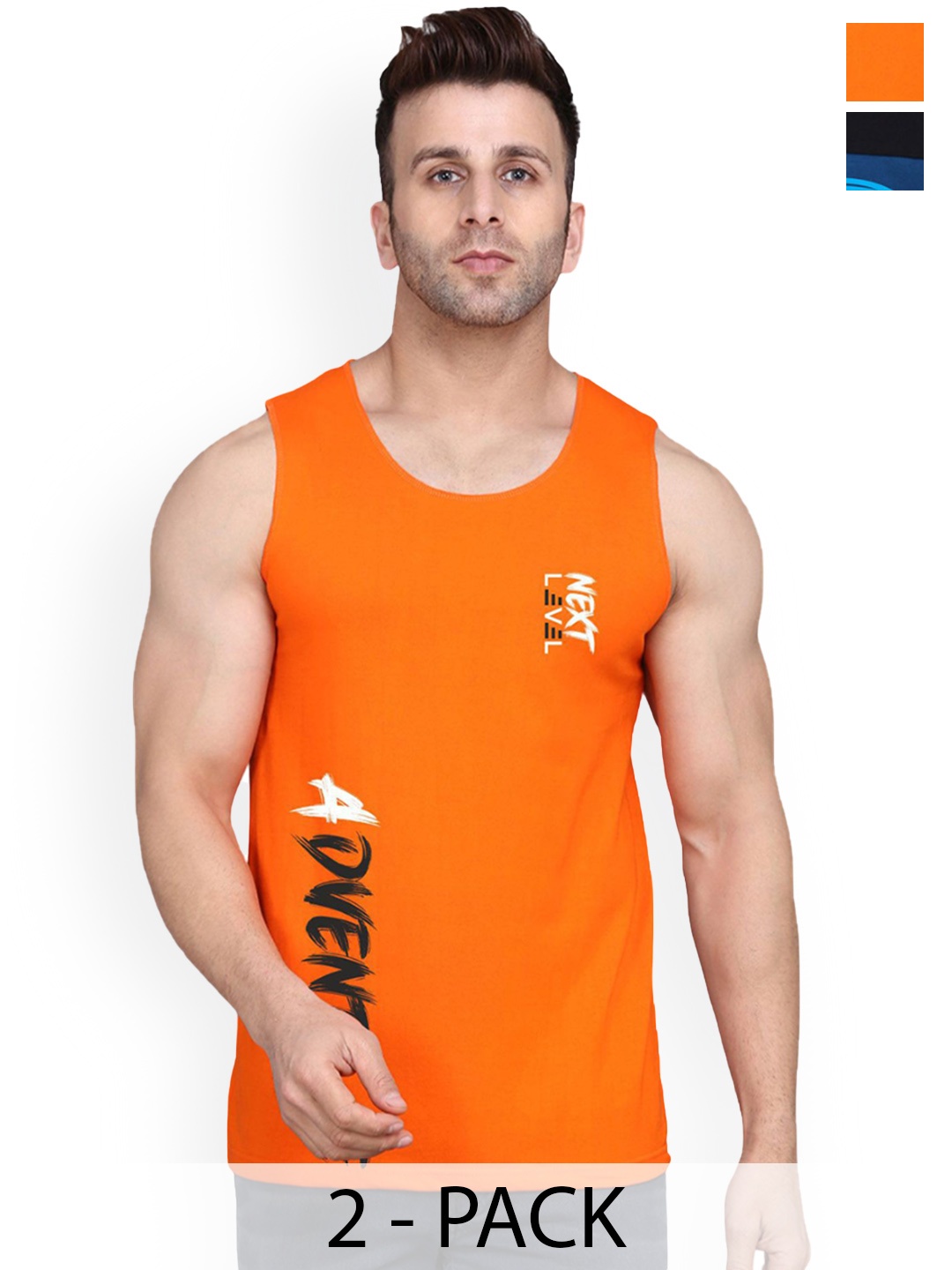 

SLOWLORIS Men Pack Of 2 Printed Cotton Gym Innerwear Vests, Black