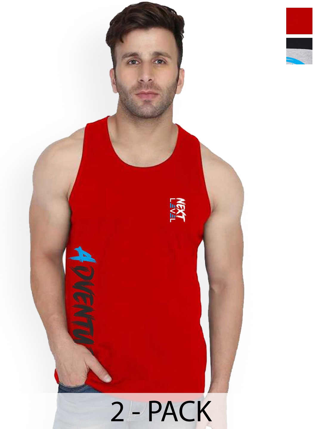 

SLOWLORIS Pack Of 2 Men Printed Round Neck Gym Innerwear Vests, Black