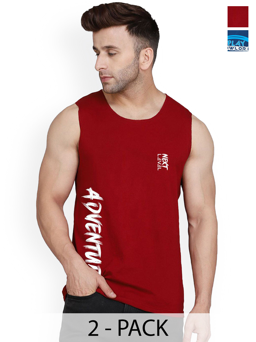 

SLOWLORIS Pack Of 2 Men Printed Gym Innerwear Vests SL26 COMBO (LOUD BLKPCK) (ADV MAROON), Black