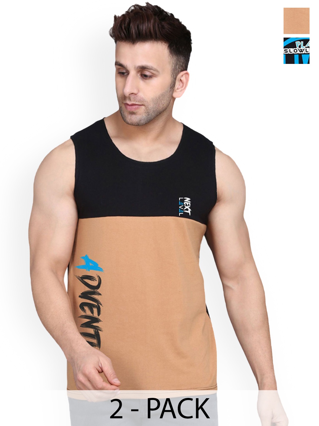 

SLOWLORIS Men Pack Of 2 Printed Cotton Gym Innerwear Vests, Black