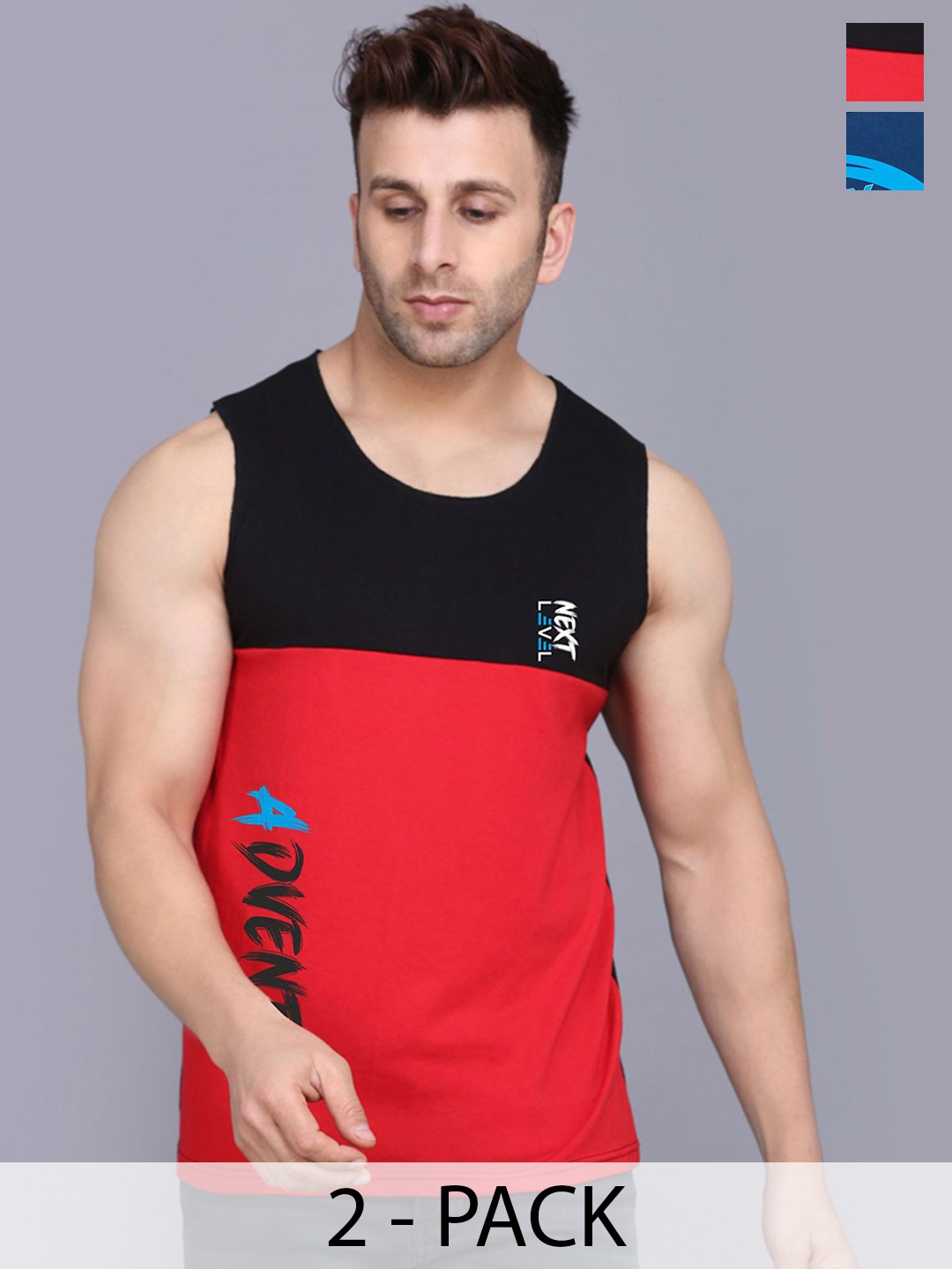 

SLOWLORIS Men Pack Of 2 Printed Cotton Gym Innerwear Vests, Black