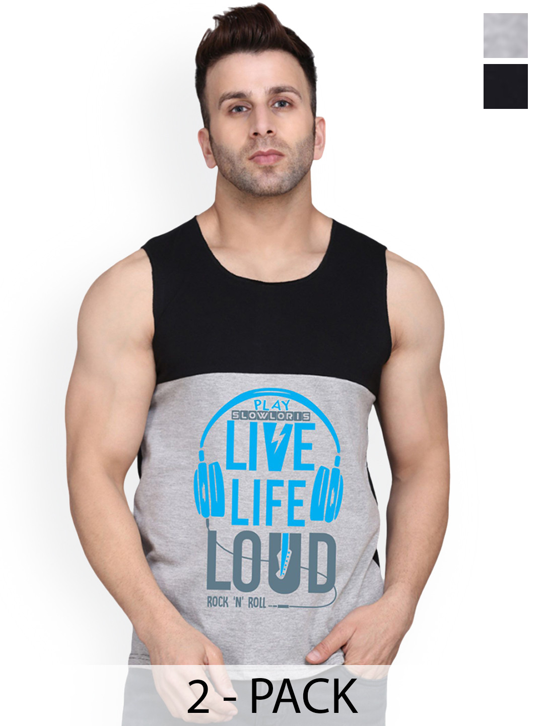 

SLOWLORIS Pack Of 2 Printed Gym Innerwear Vests, Black