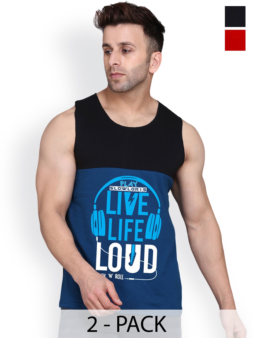 

SLOWLORIS Pack Of 2 Men Printed Gym Innerwear Vests SL26 COMBO (LOUD BLKPCK) (ADV RED), Black
