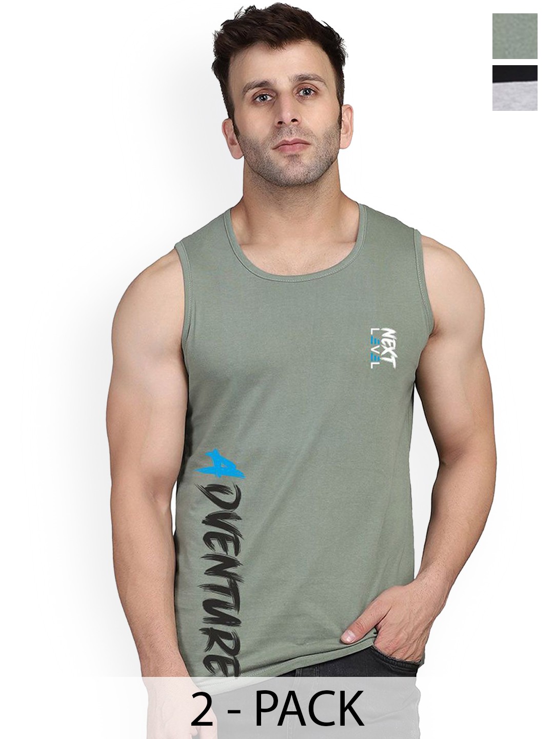 

SLOWLORIS Pack Of 2 Men Printed Sleeveless Gym Innerwear Vests, Black