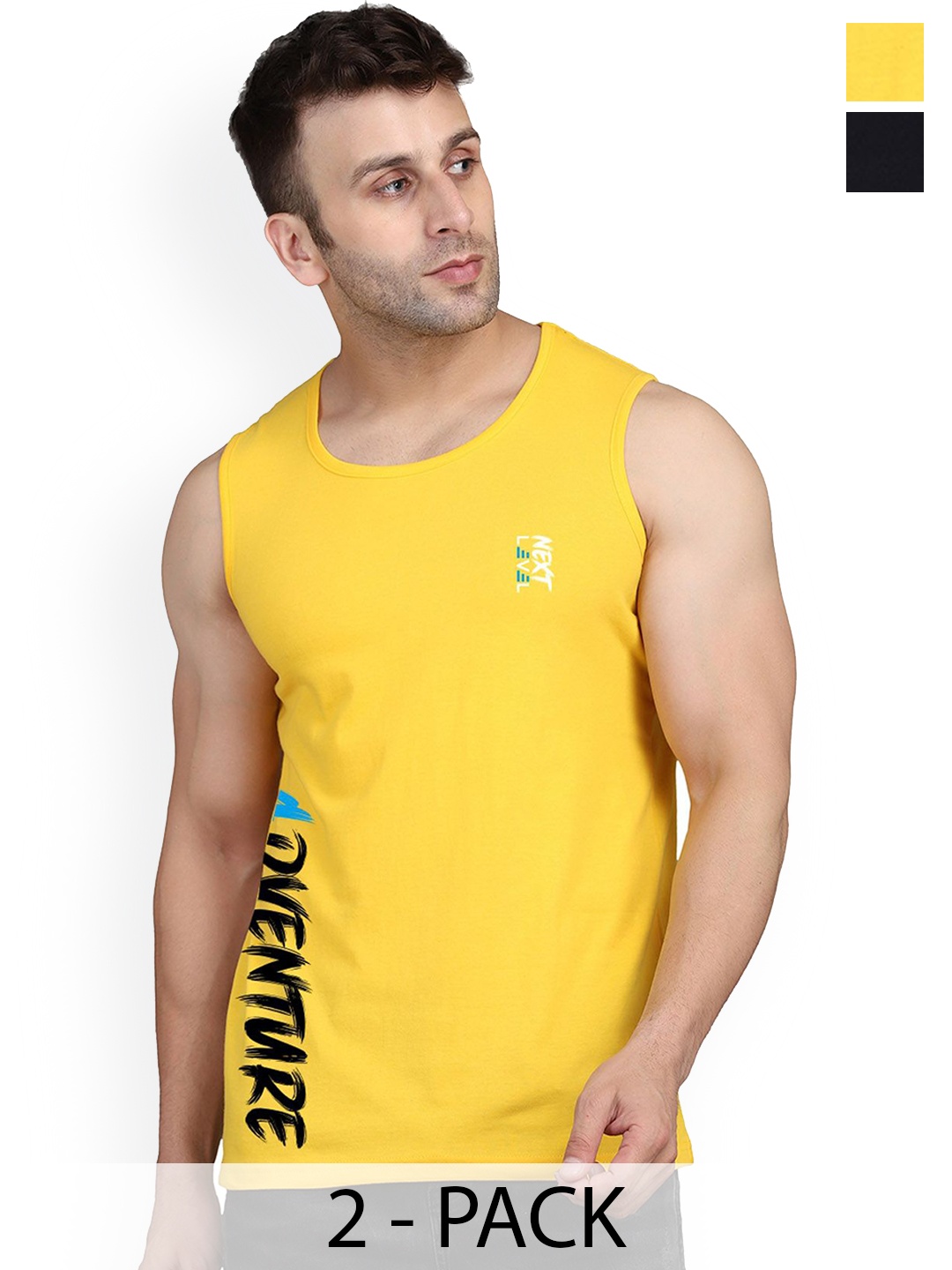 

SLOWLORIS Pack Of 2 Printed Gym Innerwear Vests SL26 COMBO (LOUD BLACK) (ADV YELLOW)