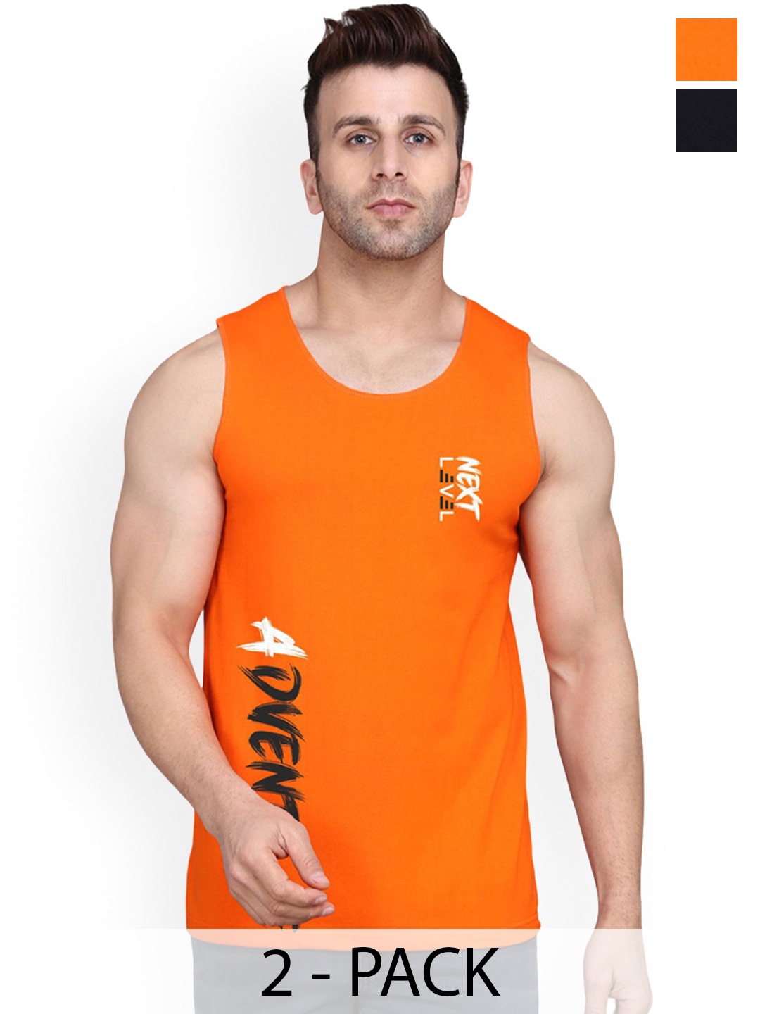 

SLOWLORIS Pack Of 2 Printed Gym Innerwear Vests SL26 COMBO (LOUD BLACK) (ADV ORANGE)