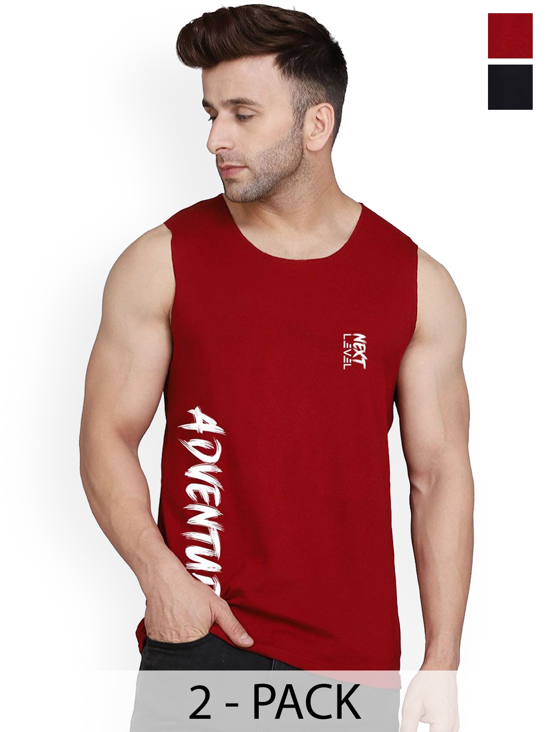 

SLOWLORIS Pack Of 2 Printed Gym Innerwear Vests, Black