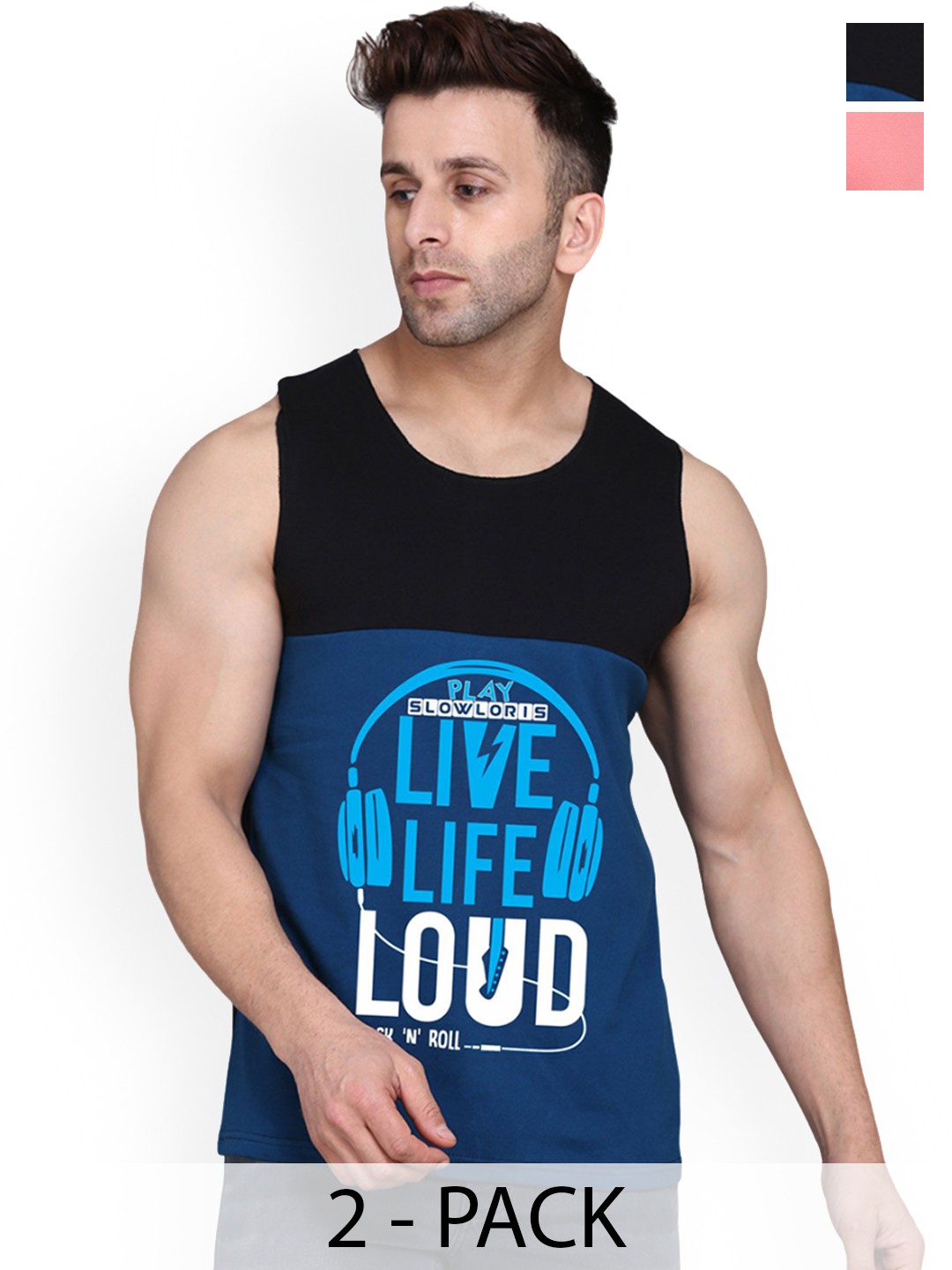 

SLOWLORIS Men Pack Of 2 Printed Gym Innerwear, Black